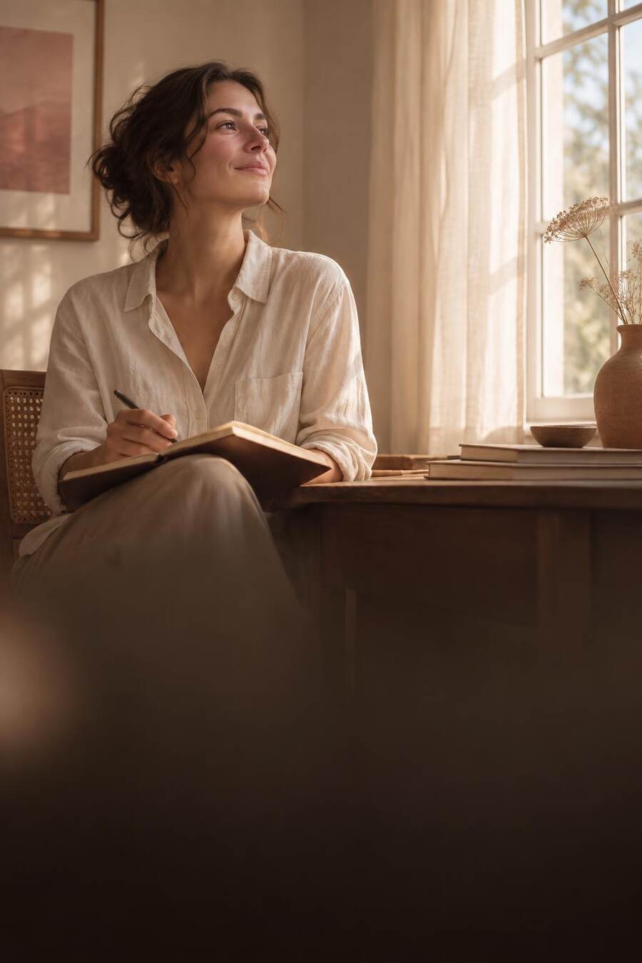 A woman journaling by a sunlit window, beginning again